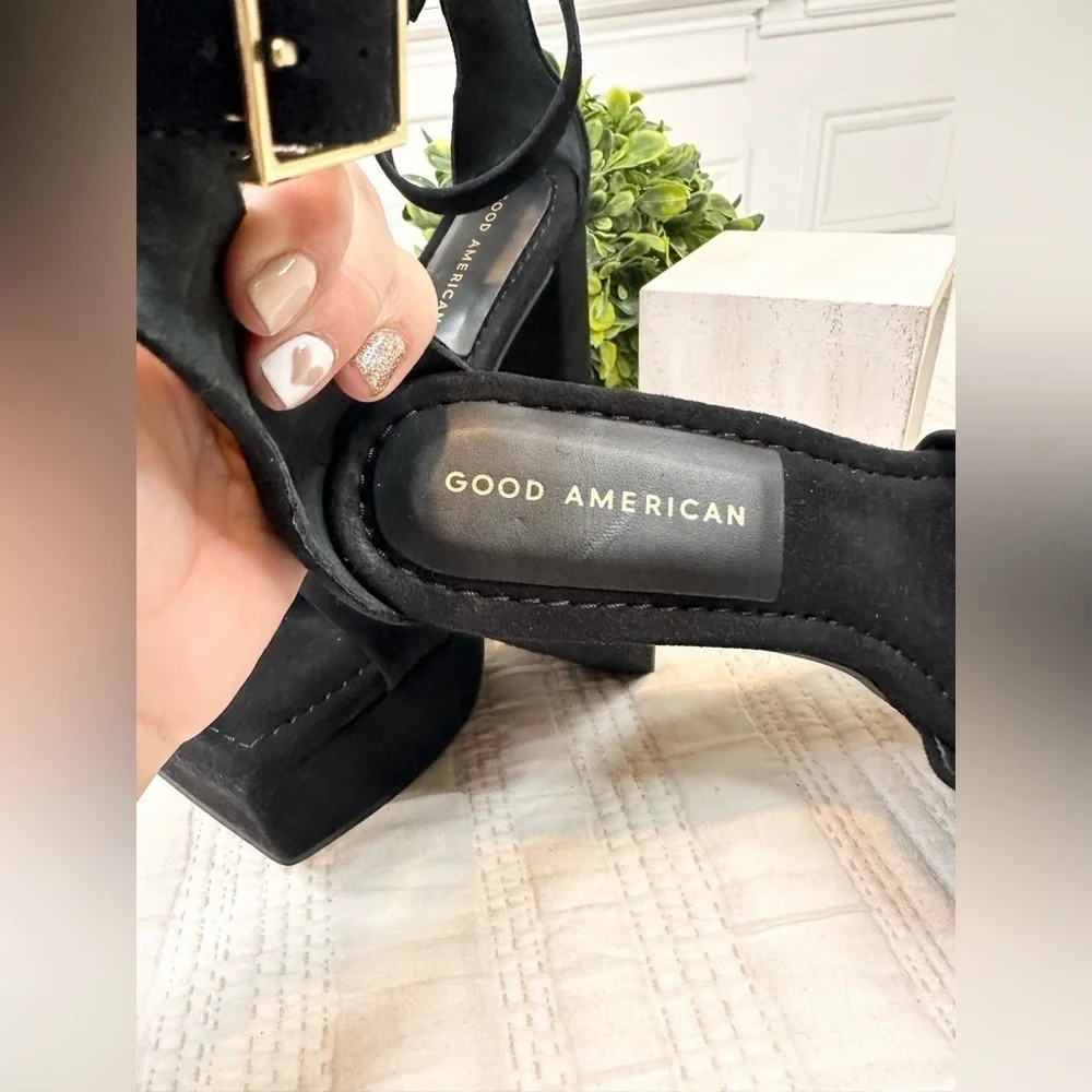 Good American Suede Blocked Heel Sandals in Black Women’s Size 8